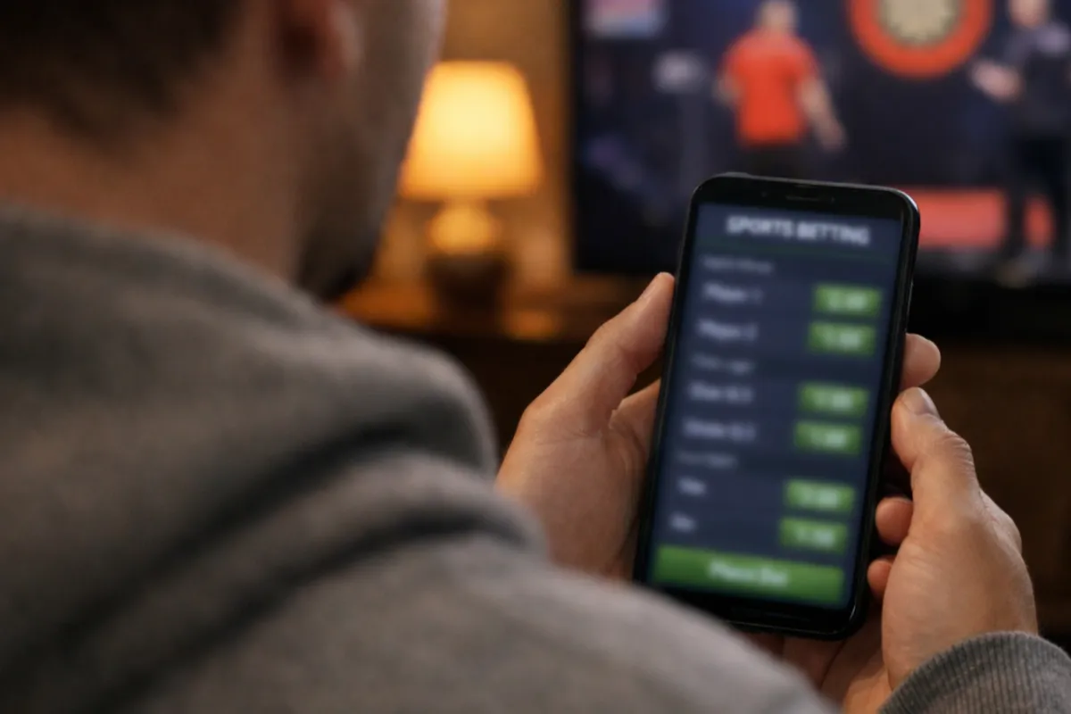 Zuschauer verfolgt Darts-Match auf dem Smartphone mit Live-Wettquoten