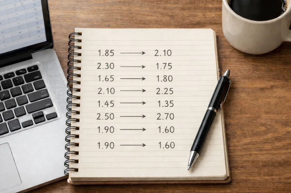 Notizblock mit handschriftlichen Quotenberechnungen neben einem Laptop mit Wettportal