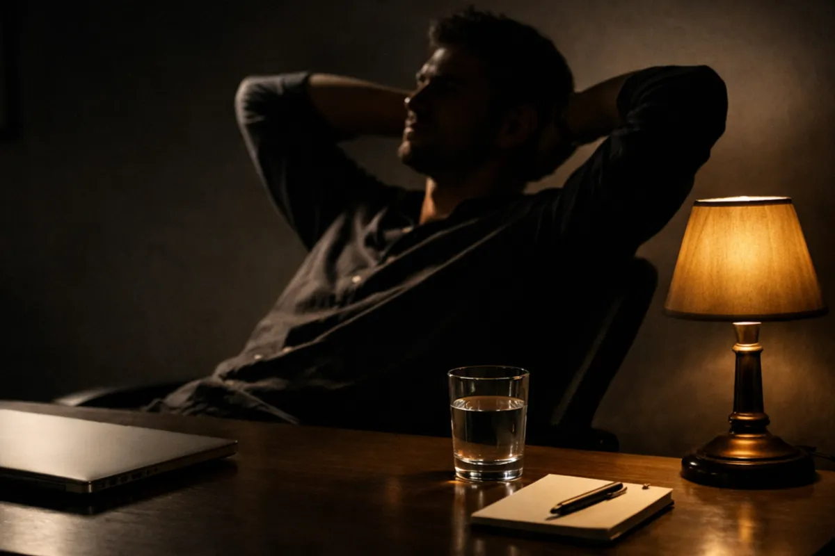 Person macht nachdenkliche Pause beim Sportwetten am Schreibtisch mit gedimmtem Licht