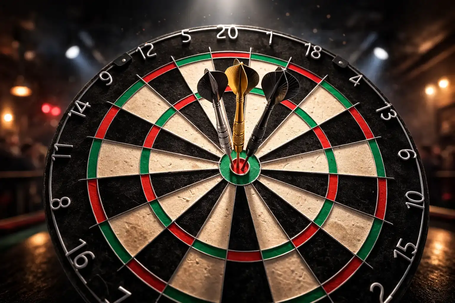 Dartscheibe mit mehreren Pfeilen im Bullseye, im Hintergrund eine belebte Darts-Arena