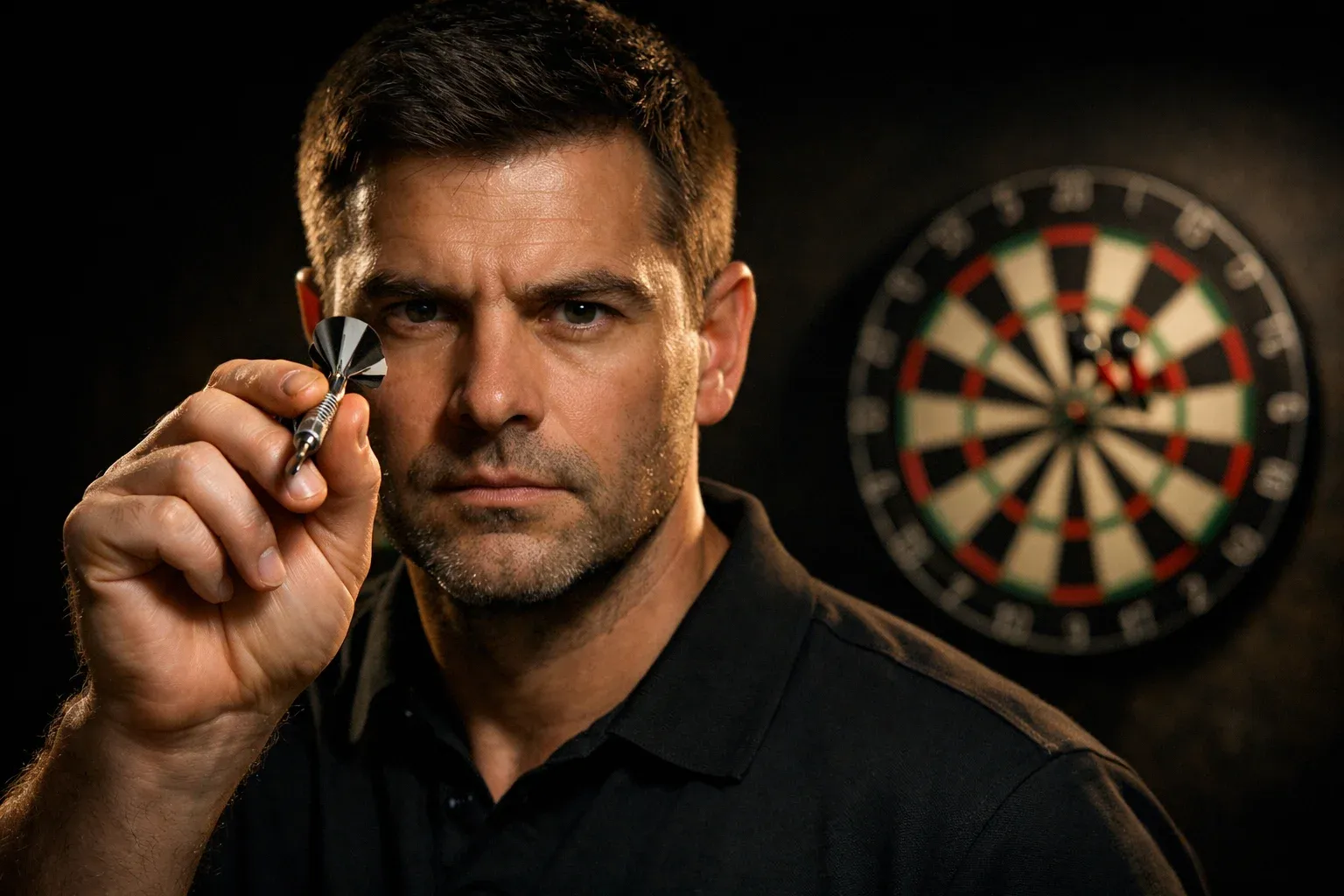 Dartspieler konzentriert vor dem Wurf, Dartscheibe im Fokus unter Scheinwerferlicht