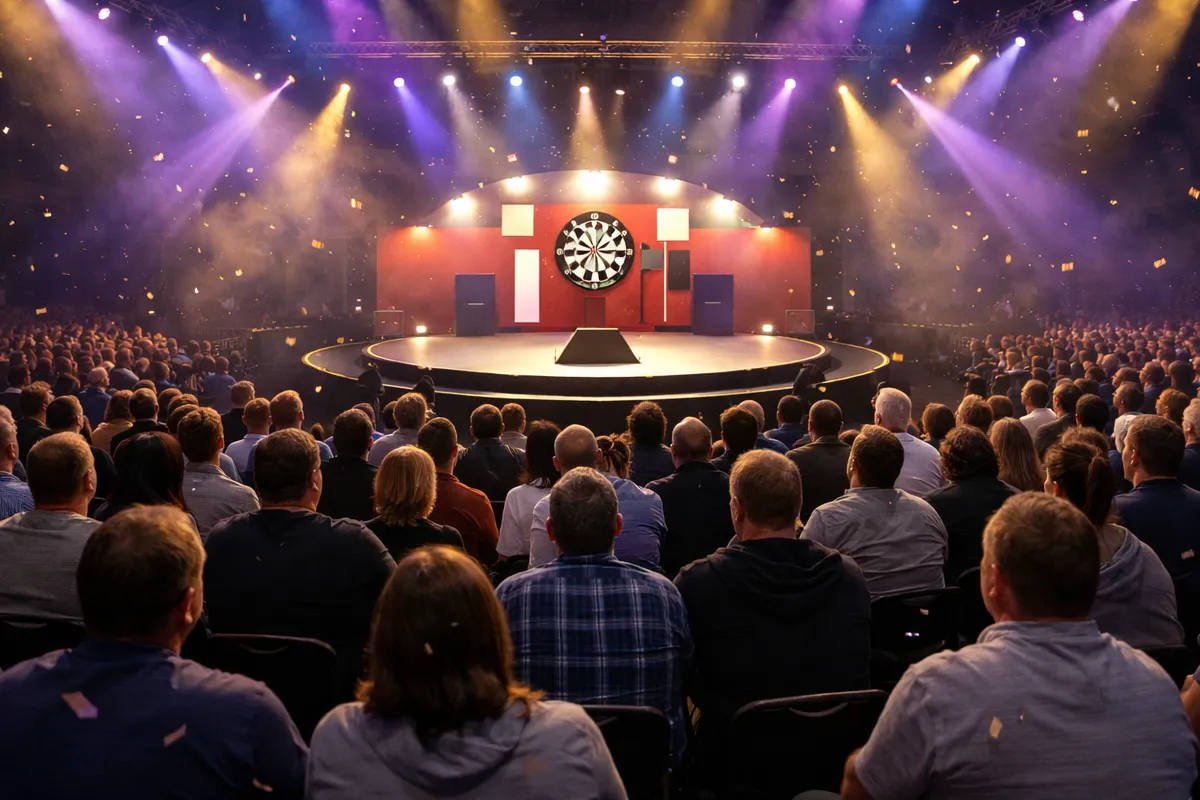 Bühne im Alexandra Palace während der PDC Darts-Weltmeisterschaft mit Publikum und Beleuchtung